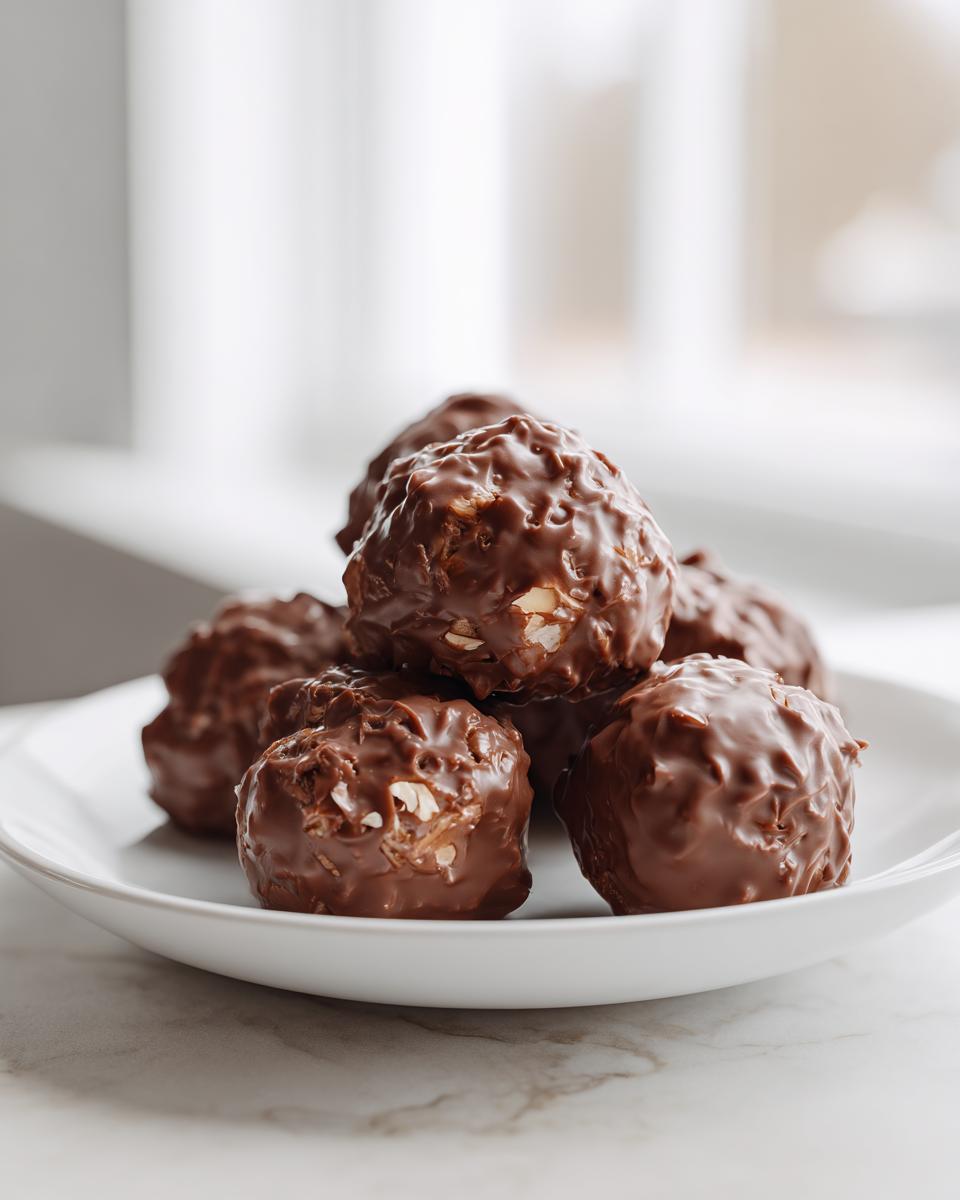 A pile of rich, chocolate-coated almond joy truffles with visible almond pieces, resting on a white plate.