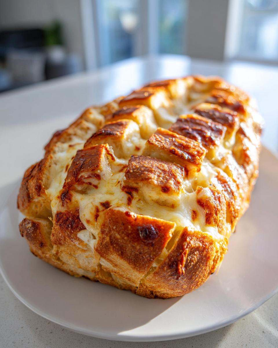 A golden-brown loaf of pull-apart cheese bread, melted cheese oozing from the cuts.
