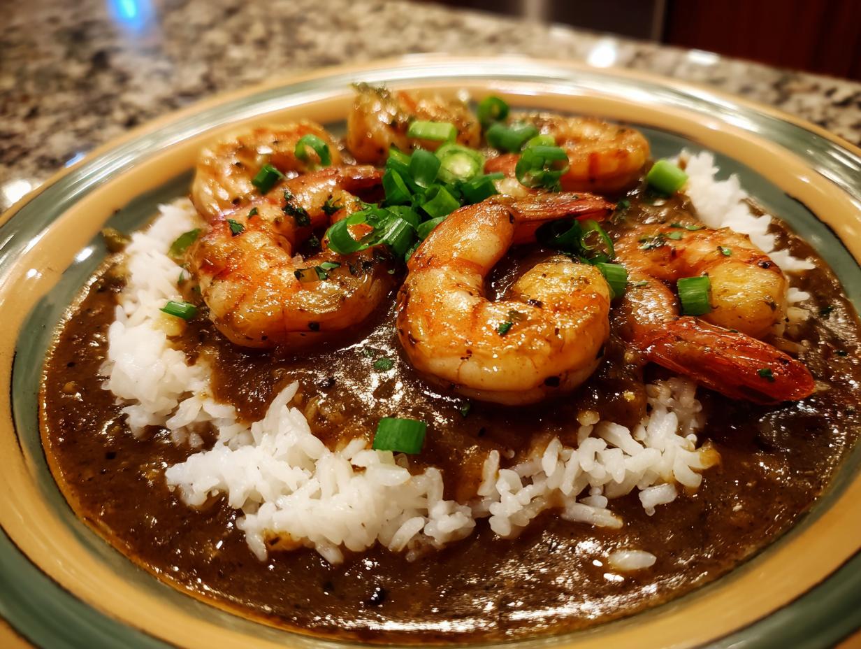 A close-up view of a bowl of rich, dark shrimp etouffee served over white rice and topped with seared shrimp and green onions.