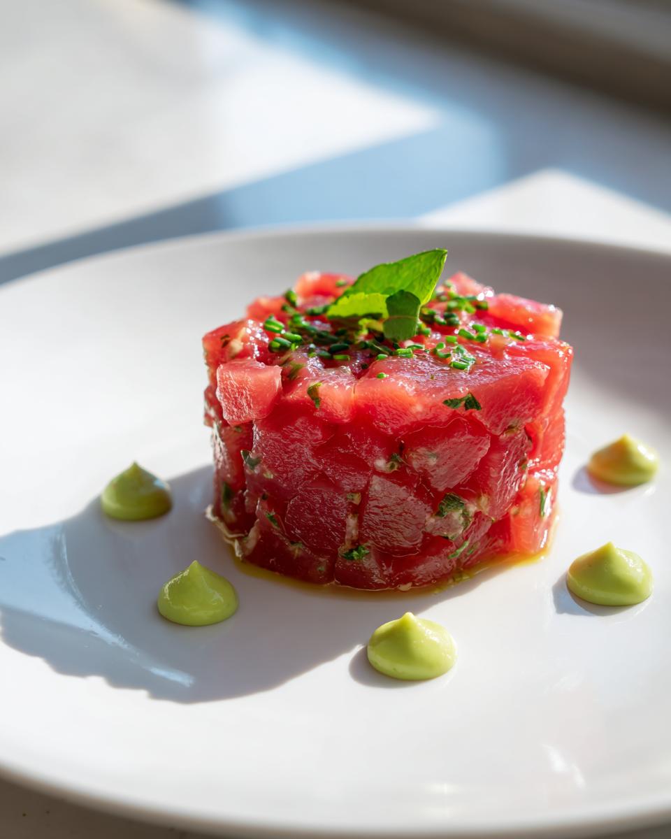 A vibrant, perfectly molded stack of diced tuna tartare garnished with chives and mint on a white plate.