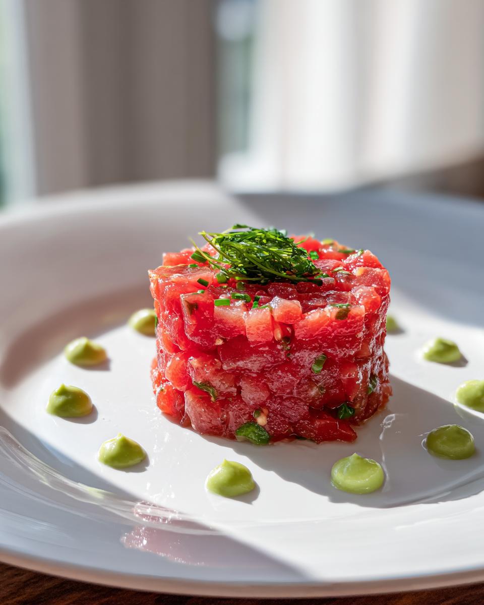 A vibrant, perfectly molded stack of fresh tuna tartare garnished with chives on a white plate with dollops of green avocado or wasabi aioli.