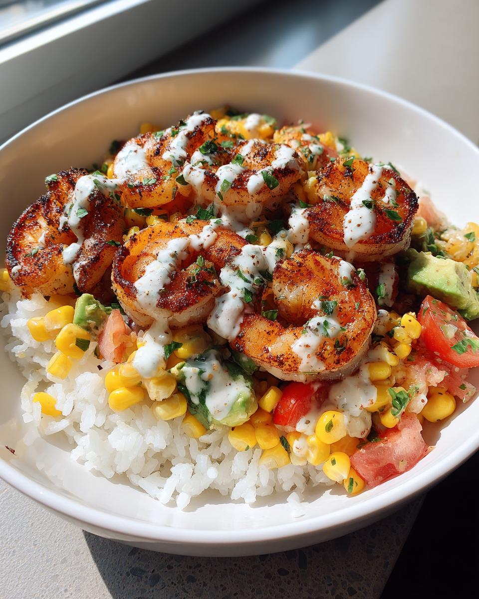 A close-up of a vibrant shrimp bowl featuring seasoned shrimp over rice, corn, avocado, and drizzled with white sauce.