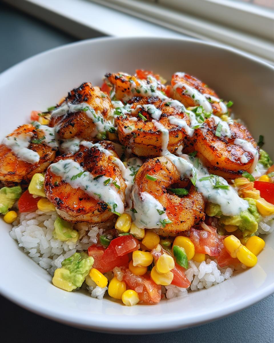 Close-up of a delicious shrimp bowl featuring seasoned grilled shrimp over rice, corn, avocado, and tomatoes, drizzled with white sauce.