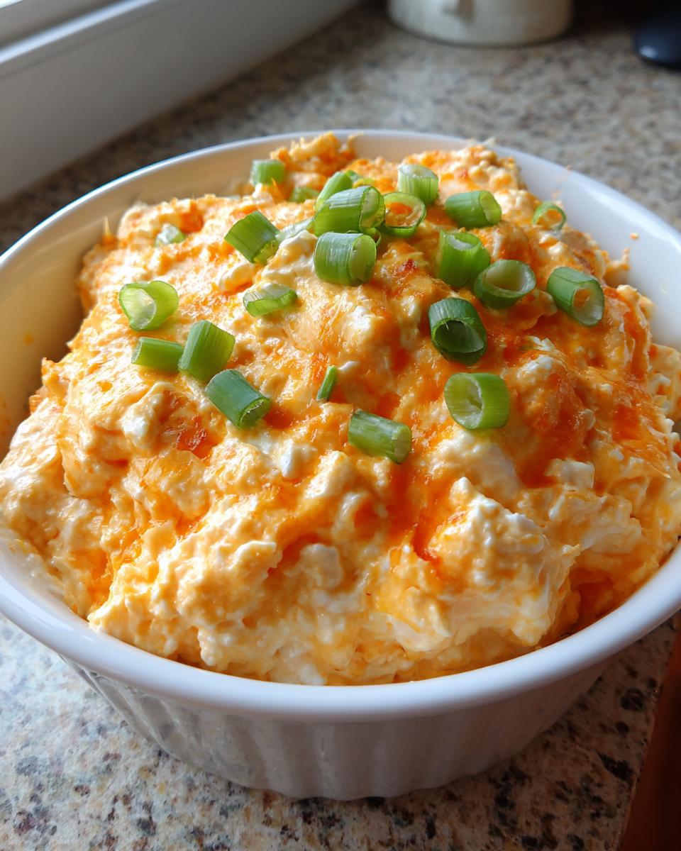 A close-up view of the amazing 5-ingredient boat dip, topped with melted orange cheese and fresh green onions.