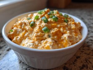 A close-up of the amazing 5-ingredient boat dip, creamy orange mixture topped with fresh green onions, served in a white bowl.