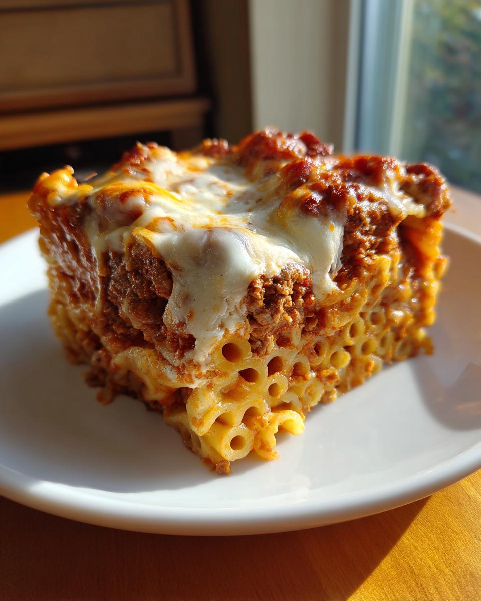 A square slice of baked ziti or rigatoni pasta bake topped with rich meat sauce and melted cheese.