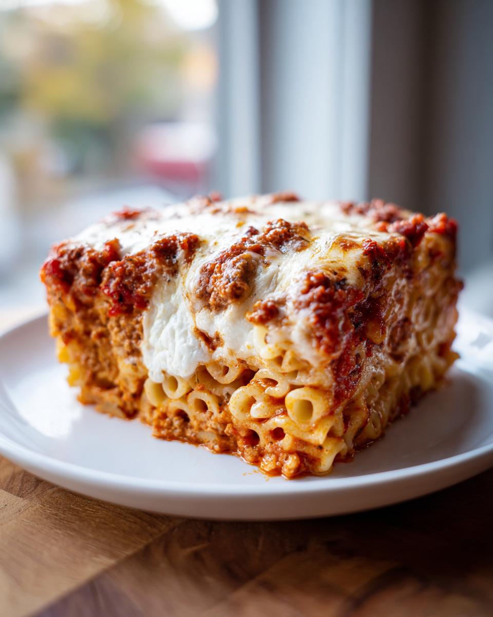 A square slice of baked ziti or pasta bake with meat sauce and melted mozzarella cheese on a white plate.