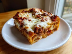 A hearty slice of baked pasta layered with meat sauce and melted cheese, ready to eat as a delicious pasta bake.