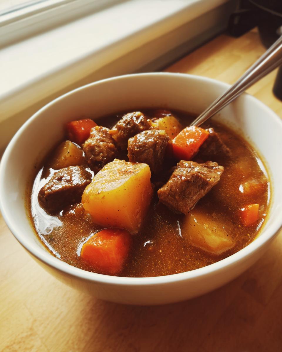 Close-up of a white bowl filled with rich, dark Amazing 8-Hour pork stew chunks, potatoes, and carrots.