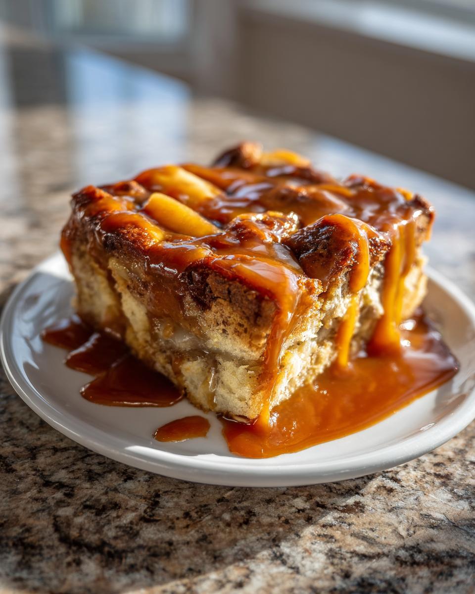A square serving of rich apple bread pudding generously topped with dripping caramel sauce on a white plate.