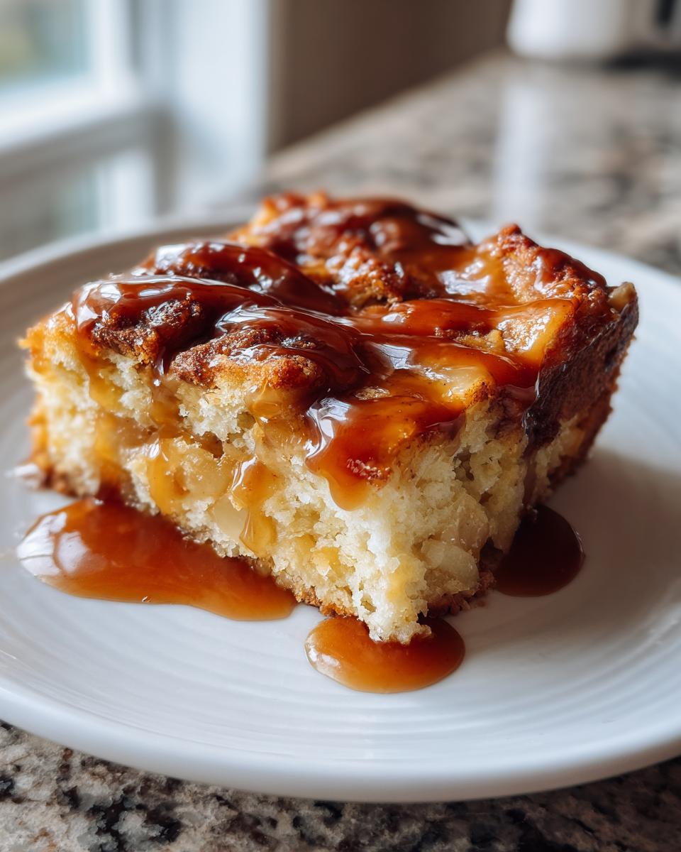 A close-up of a square serving of moist apple bread pudding topped generously with rich caramel sauce.
