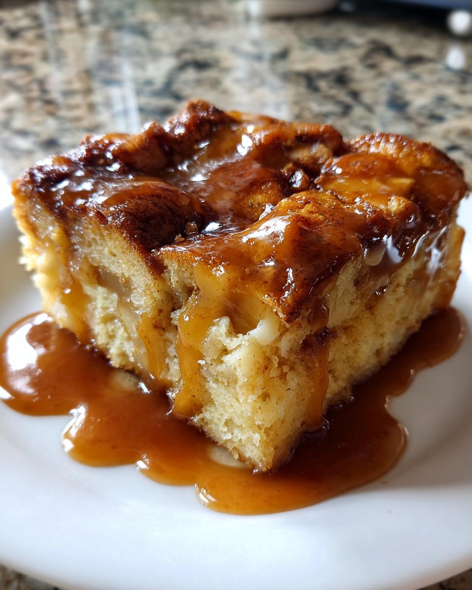 A close-up of a square serving of amazing apple bread pudding generously topped with dripping caramel sauce.