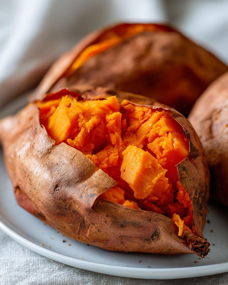 Close-up of a perfectly baked sweet potato, split open to show the fluffy, bright orange interior.