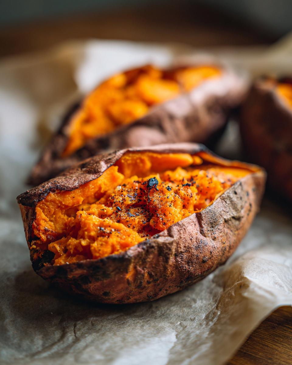 Close-up of a perfectly baked sweet potato, split open to show fluffy orange interior seasoned with black pepper.