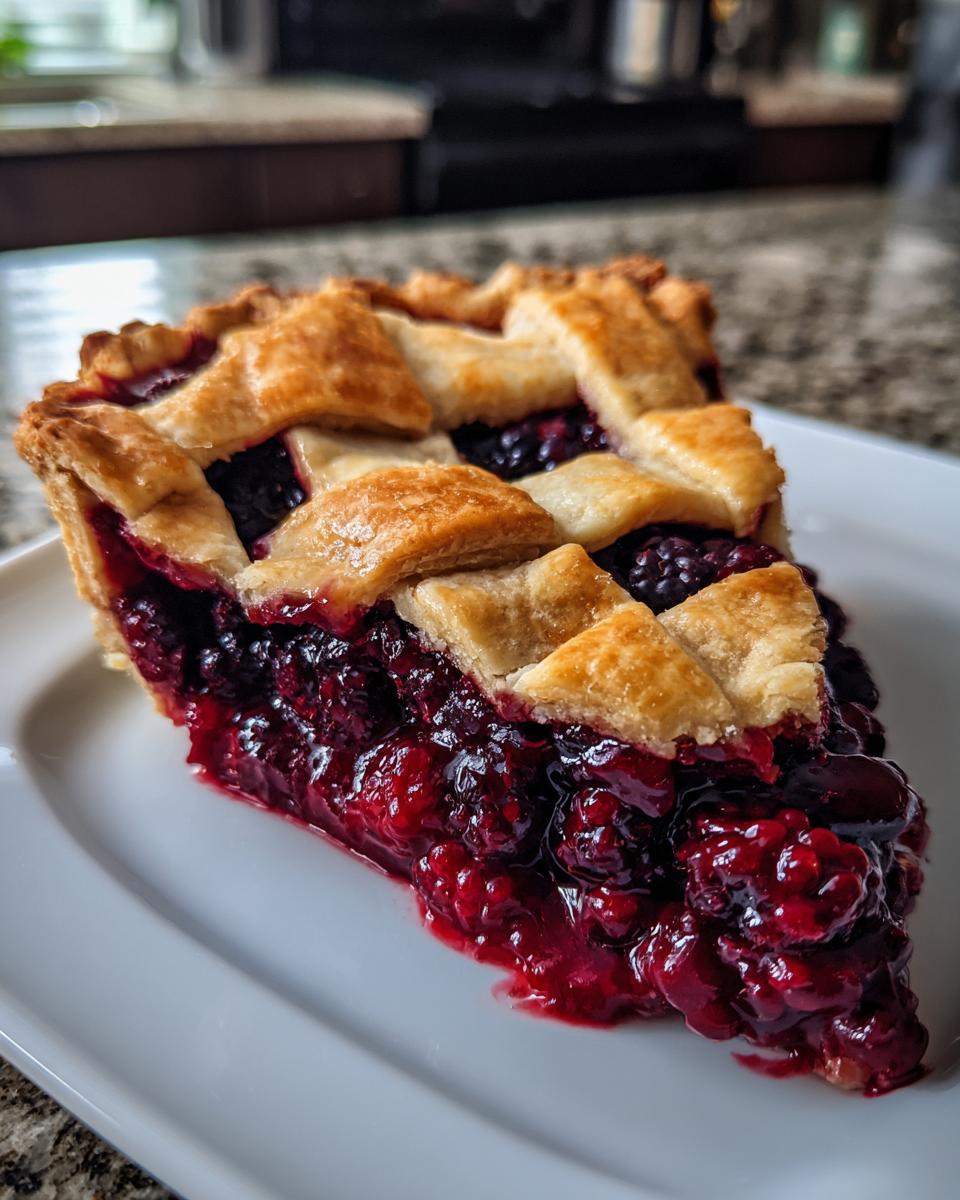 A close-up of a generous slice of blackberry pie showing the juicy filling and golden lattice crust.
