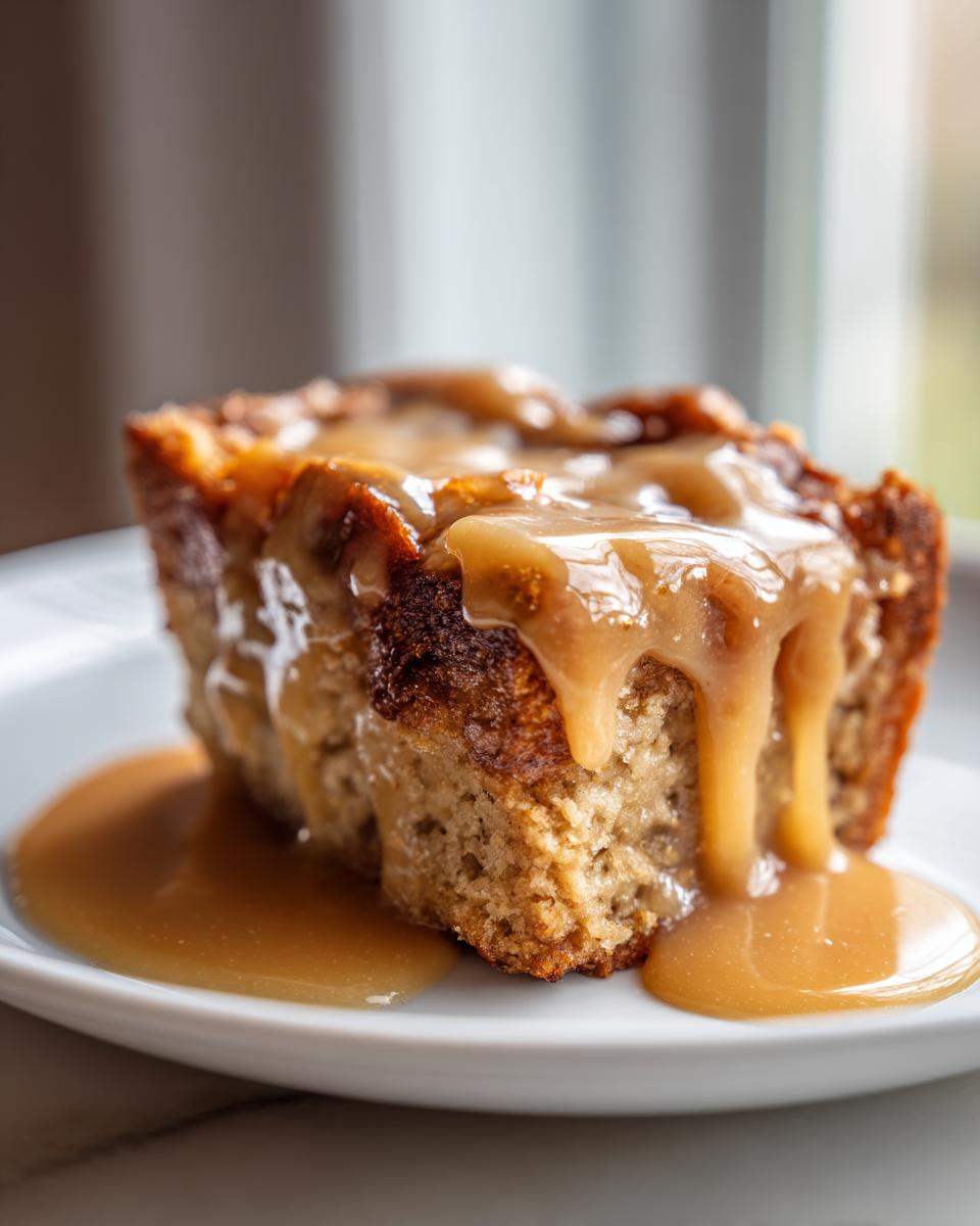 A close-up of a moist slice of bread pudding generously topped with dripping caramel sauce.