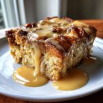 A close-up of a rich slice of bread pudding topped with thick, dripping caramel sauce.