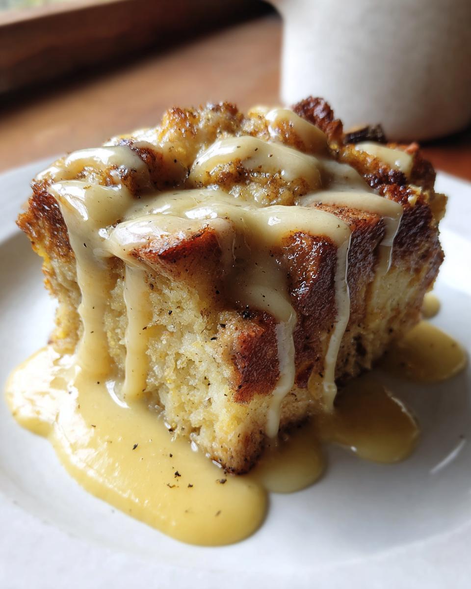 Close-up of a single serving of rich bread pudding topped with a thick, creamy vanilla sauce.