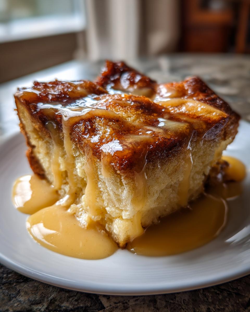 A close-up of a moist slice of bread pudding generously drizzled with rich caramel sauce.