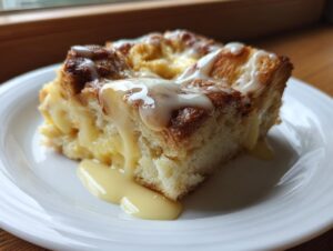 A close-up of a square slice of amazing bread pudding topped with a thick, creamy vanilla sauce.