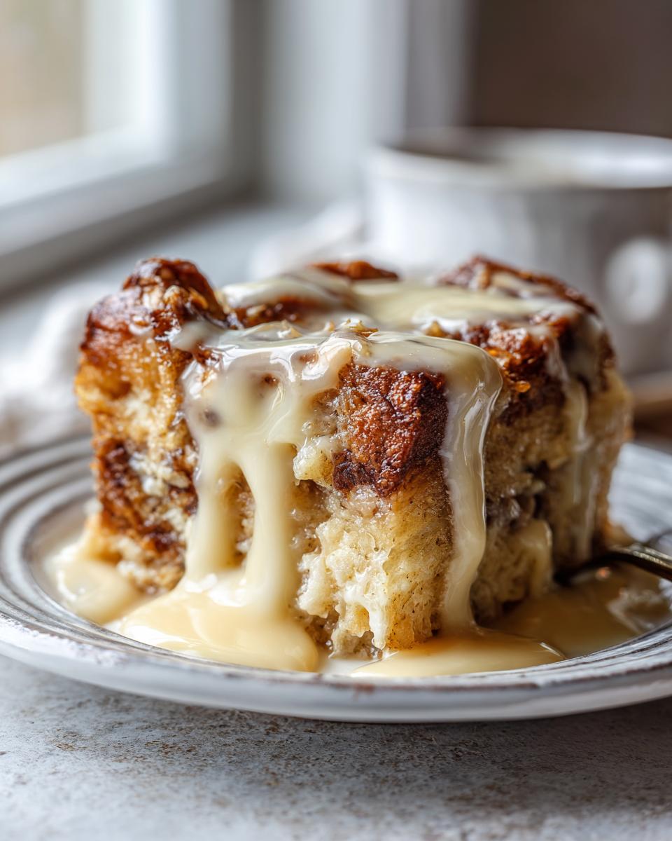 A close-up of a square serving of warm bread pudding generously covered in a thick, creamy vanilla sauce.