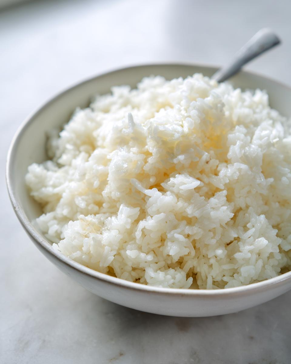 Close-up of a white bowl filled with fluffy, perfectly cooked butter rice, with a spoon resting inside.