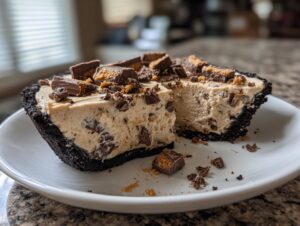 A close-up of a slice of no-bake butterfinger pie with a dark crust, creamy filling, and topped with chopped candy pieces.