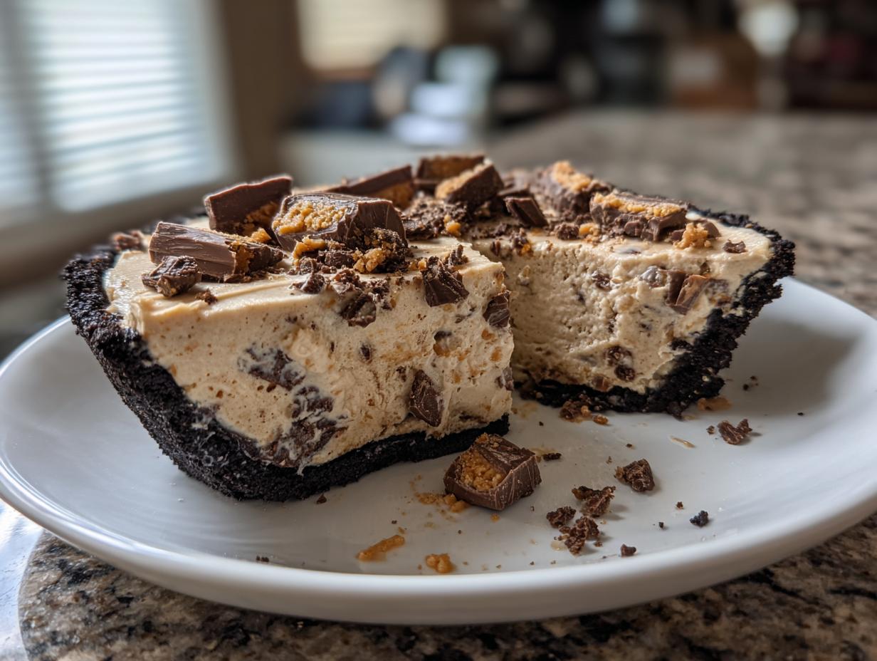 A close-up of a slice of no-bake butterfinger pie with a dark crust, creamy filling, and topped with chopped candy pieces.