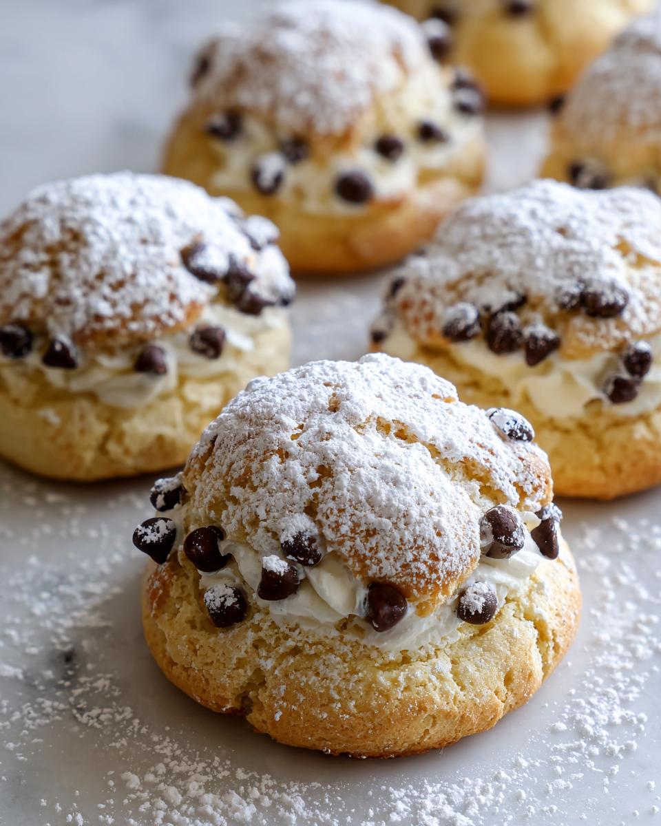 Close-up of several delicious cannoli cookies filled with cream and mini chocolate chips, dusted heavily with powdered sugar.