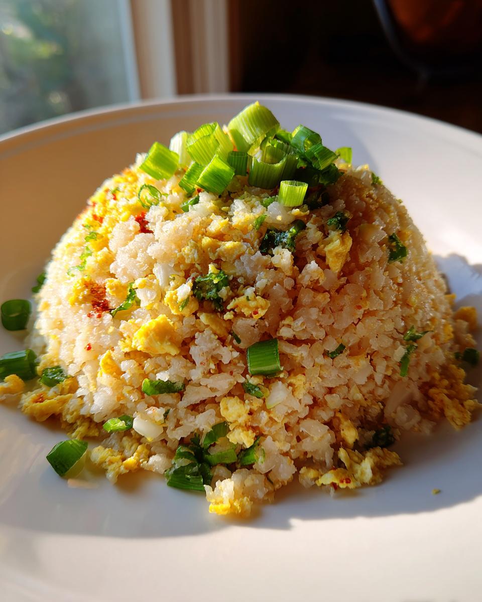 A mound of homemade cauliflower rice mixed with scrambled egg and topped with fresh green onions.
