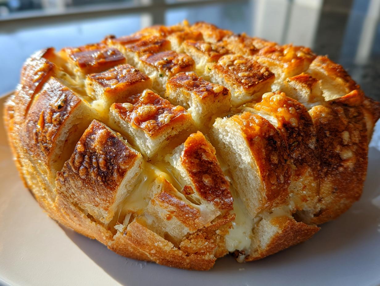A golden-brown loaf of pull-apart cheese bread, scored deeply and oozing melted cheese.