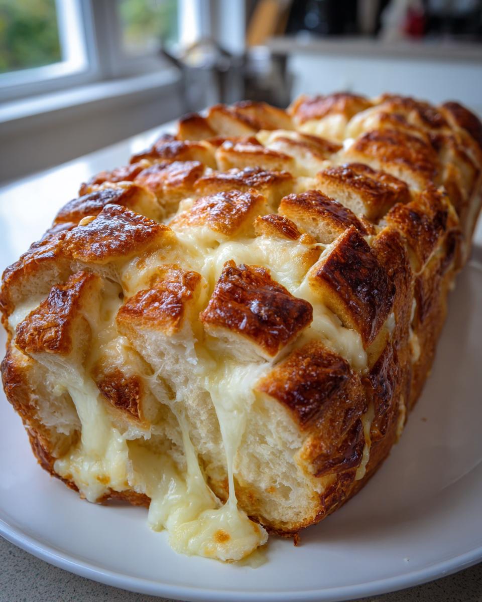 Close-up of freshly baked cheese bread with golden crust and melted cheese stretching out from the cuts.