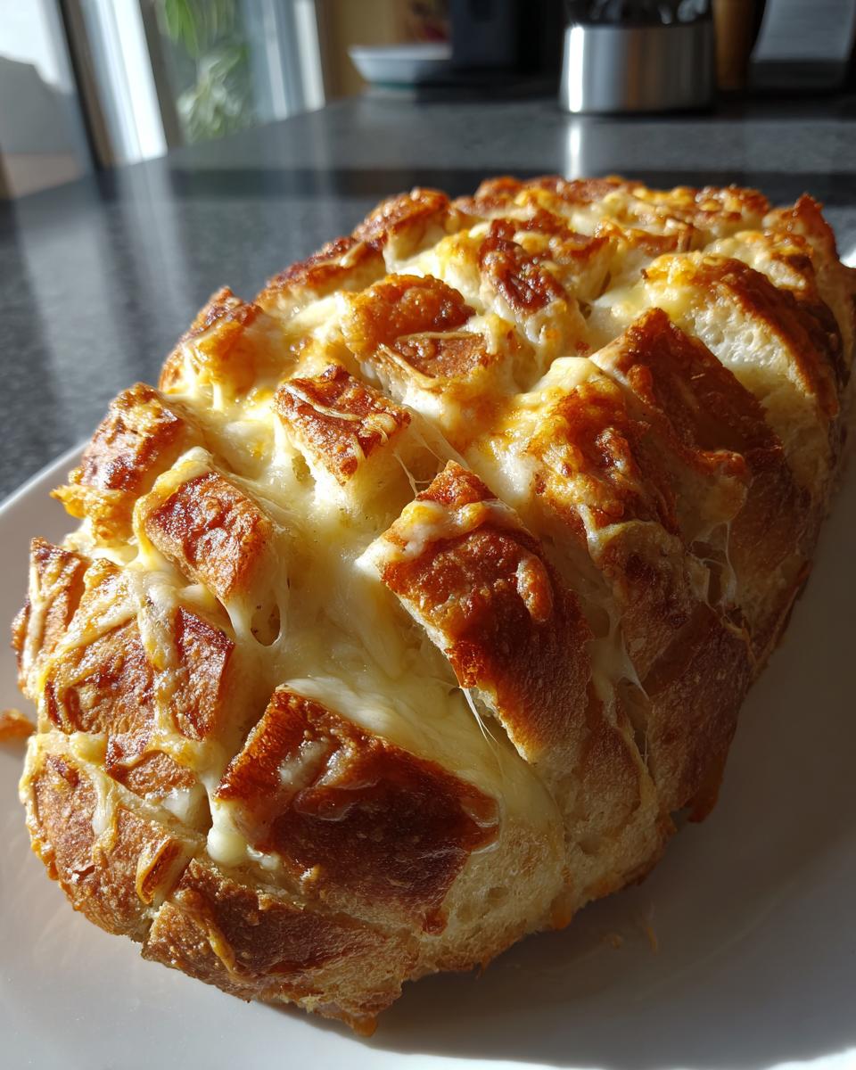 A freshly baked loaf of pull-apart cheese bread, scored and overflowing with melted, golden-brown cheese.