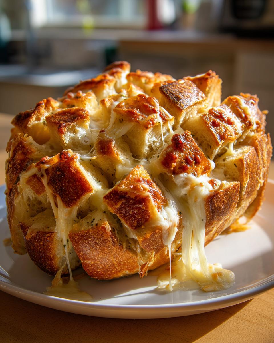 Close-up of a golden-brown loaf of cheese bread, cut into cubes and overflowing with melted, stringy cheese.