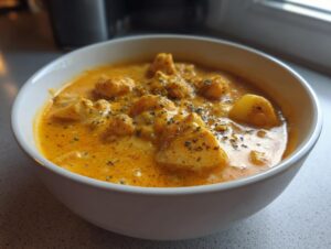 Close-up of a hearty bowl of vibrant orange cheese soup, topped with herbs and containing chunks of potato or cheese.