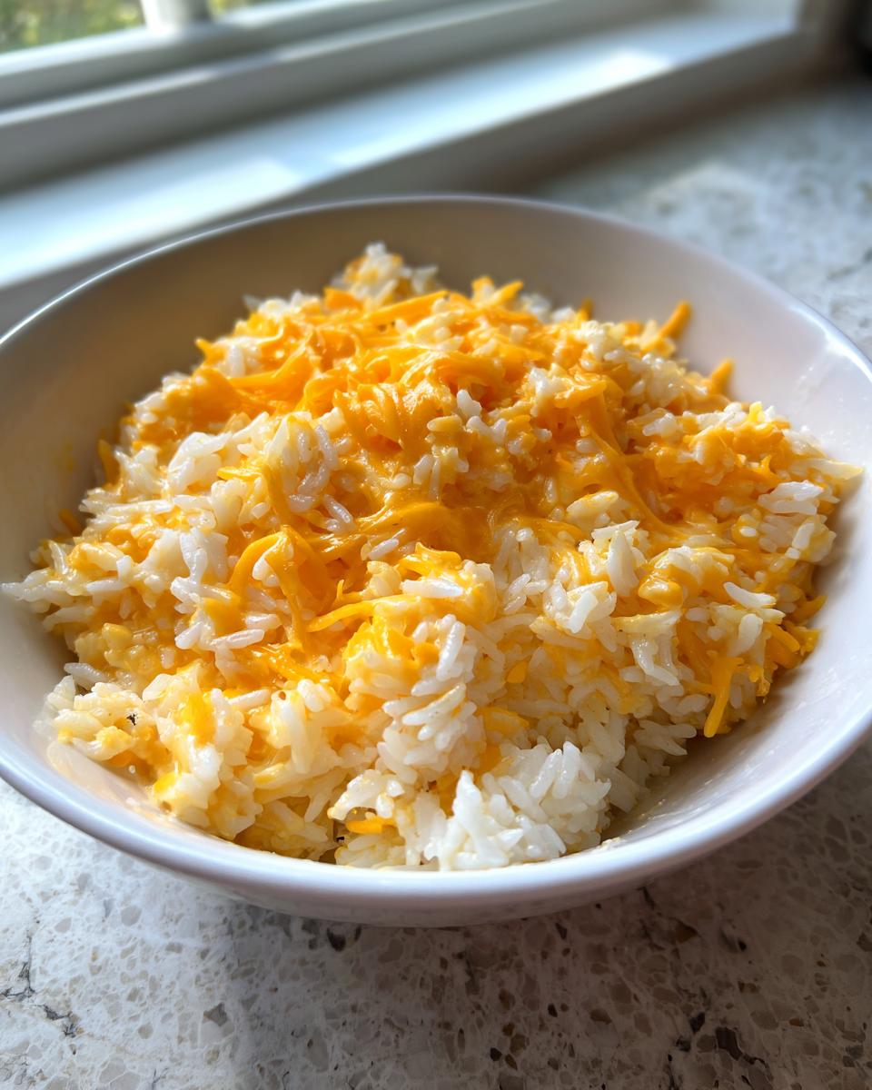 A white bowl filled with fluffy white rice topped generously with melted shredded cheddar cheese, showcasing the amazing cheesy rice.