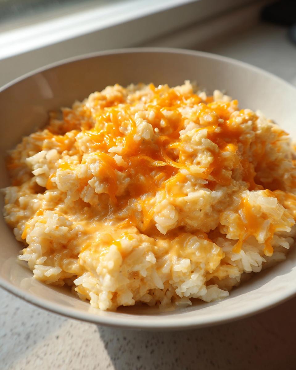 A close-up of a bowl filled with creamy, white rice topped generously with melted orange cheddar cheese, making for amazing cheesy rice.