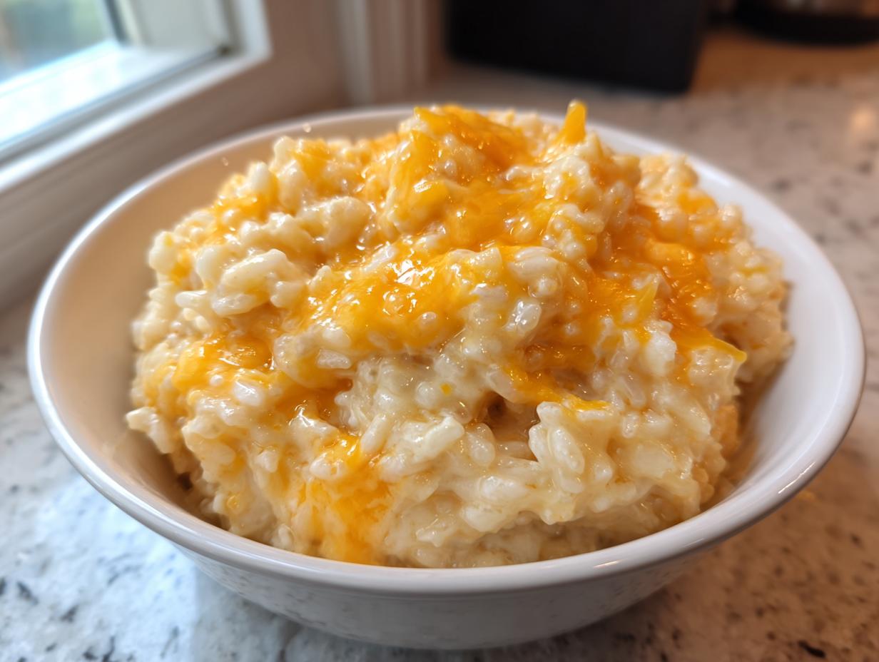 A white bowl filled with creamy, comforting cheesy rice topped with melted orange cheddar cheese.