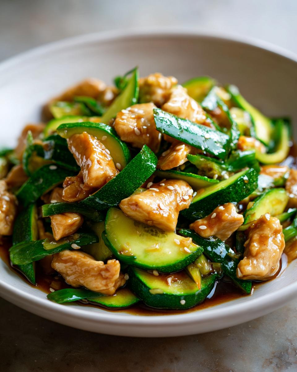 Close-up of glossy, saucy chicken zucchini stir fry pieces topped with sesame seeds in a white bowl.