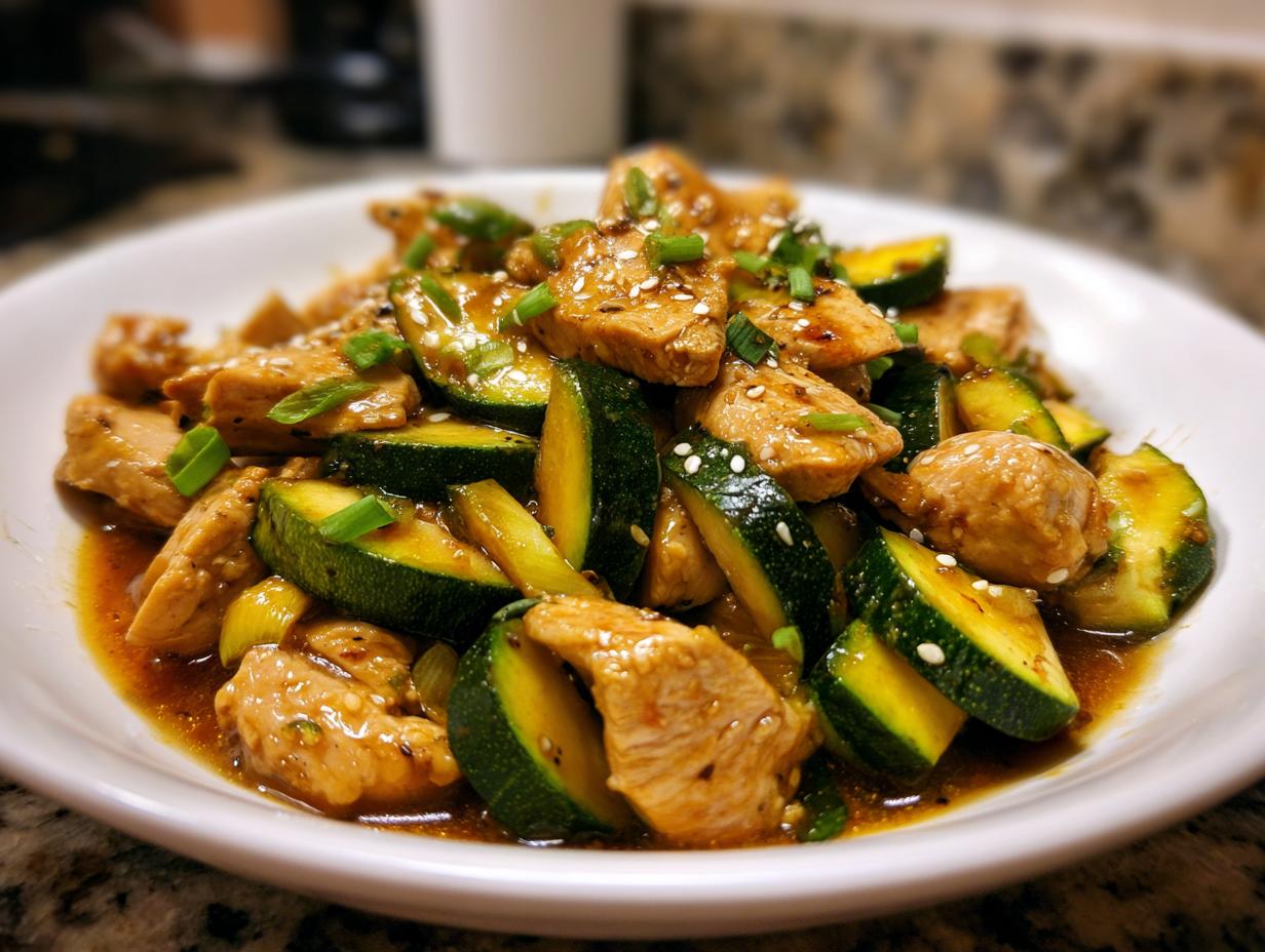 Close-up of a white bowl filled with amazing chicken zucchini stir fry coated in a savory brown sauce and topped with sesame seeds.