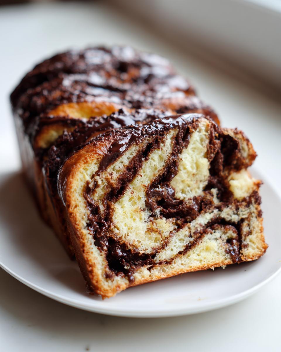 A close-up of a freshly baked chocolate babka loaf, showing rich chocolate swirls inside the brioche dough.