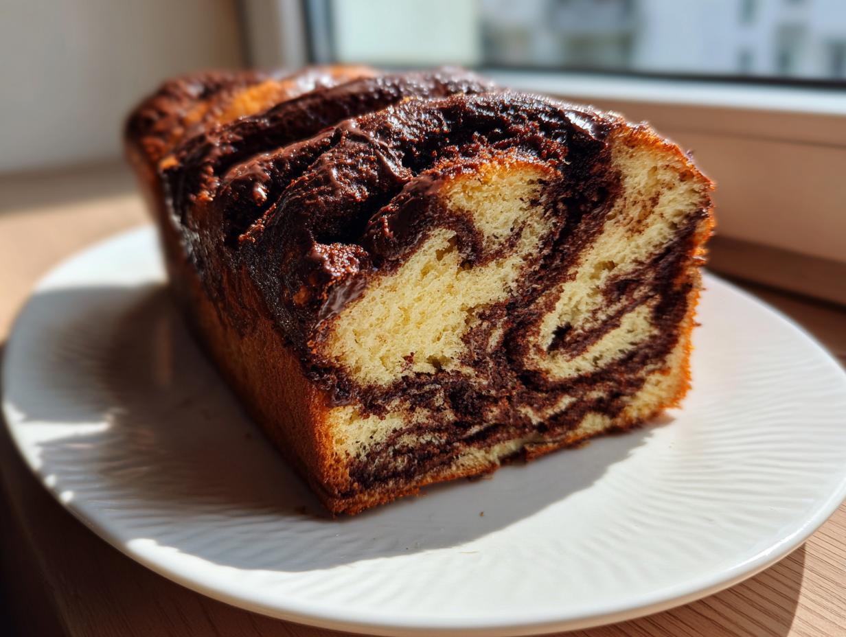 A golden-brown chocolate babka loaf with rich chocolate swirls, resting on a white plate in sunlight.