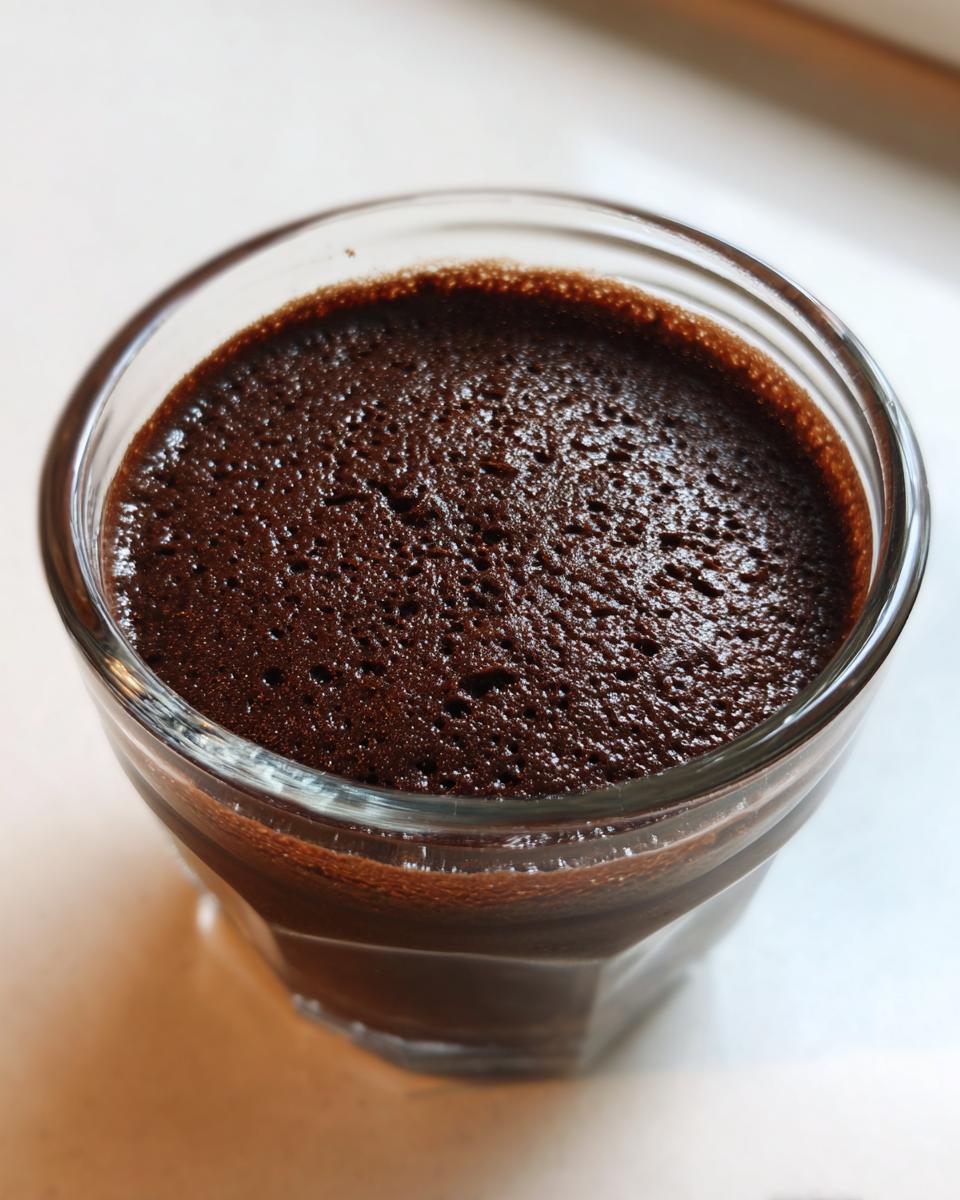Close-up overhead view of rich, dark chocolate pudding with a slightly foamy top in a clear glass.