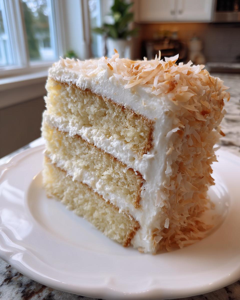 A tall slice of amazing coconut cake with three layers, white frosting, and toasted coconut flakes.