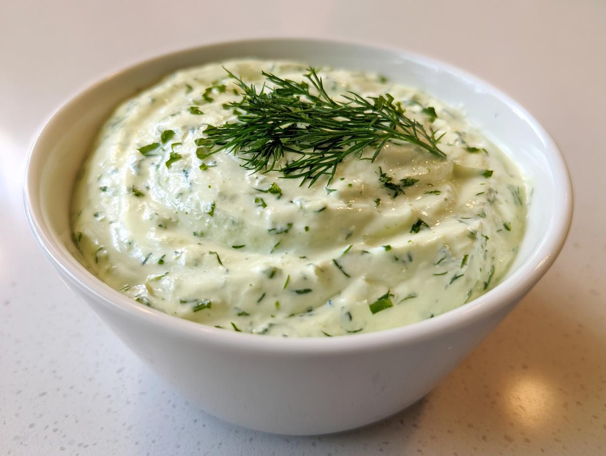 Close-up of a creamy, light green dill dip garnished with fresh dill sprigs in a white bowl.