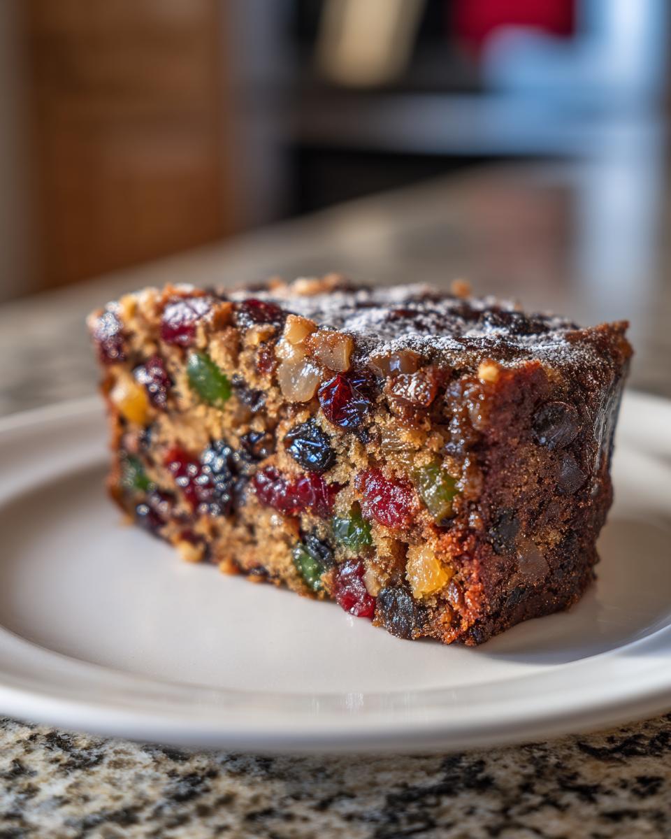 Close-up of a moist slice of fruit cake recipe loaded with colorful candied fruits and dusted with powdered sugar.