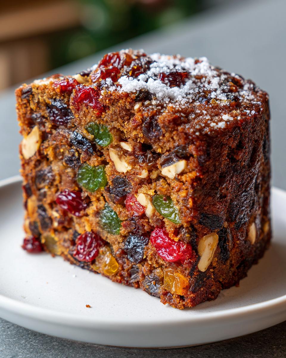 Close-up of a dense, moist slice of fruit cake recipe, packed with dried fruits and nuts, dusted with powdered sugar.