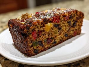 Close-up of a dense slice of fruit cake recipe, packed with colorful candied and dried fruits, served on a white plate.