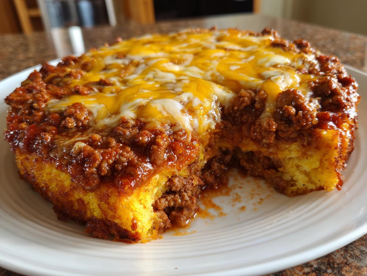 A slice removed from a round mexican cornbread casserole topped with savory meat sauce and melted cheddar and Monterey Jack cheese.