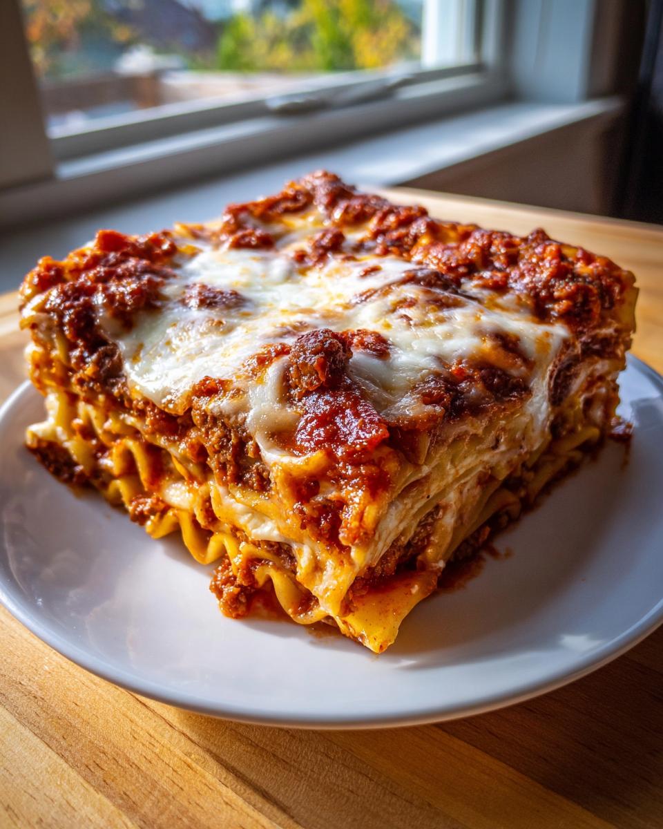 A thick, layered slice of cheesy lasagna pasta bake topped with rich meat sauce, served on a white plate.